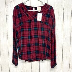 Knox Rose Shirt Women Size Small Red Plaid V-Neck Long Sleeve Peasant Blouse